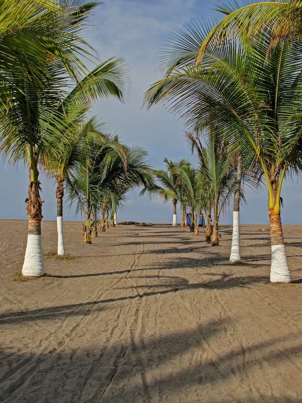 On the beach, black sand, sun loungers, beach towels