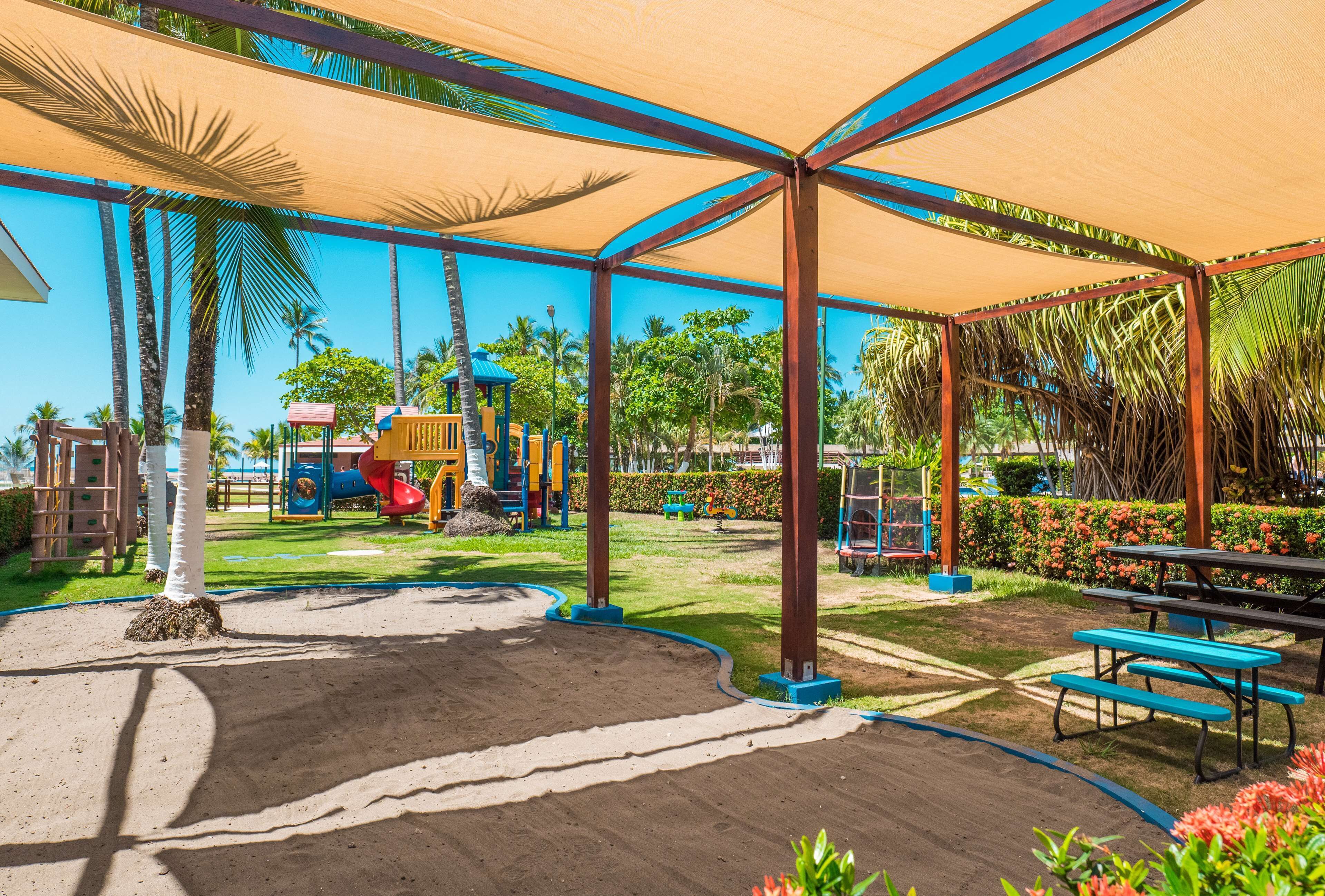 A covered outdoor area with a playground, picnic tables, and palm trees.