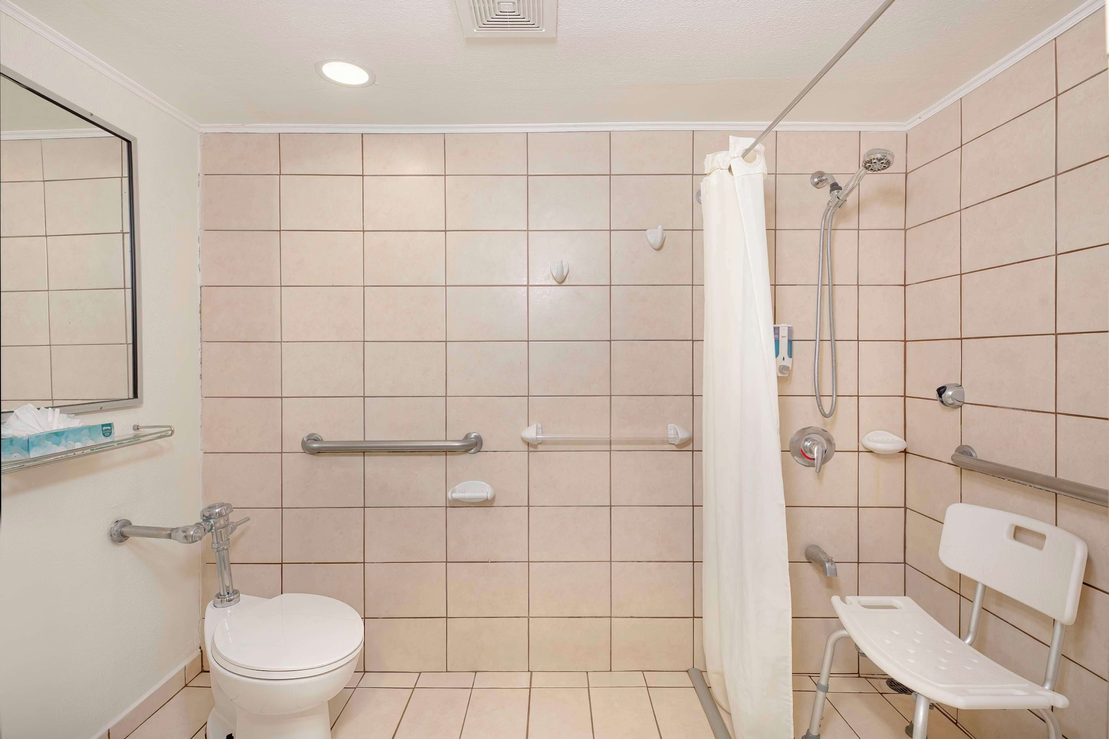 Un baño con inodoro, ducha con cabezal de ducha de mano, barras de apoyo y una silla blanca.