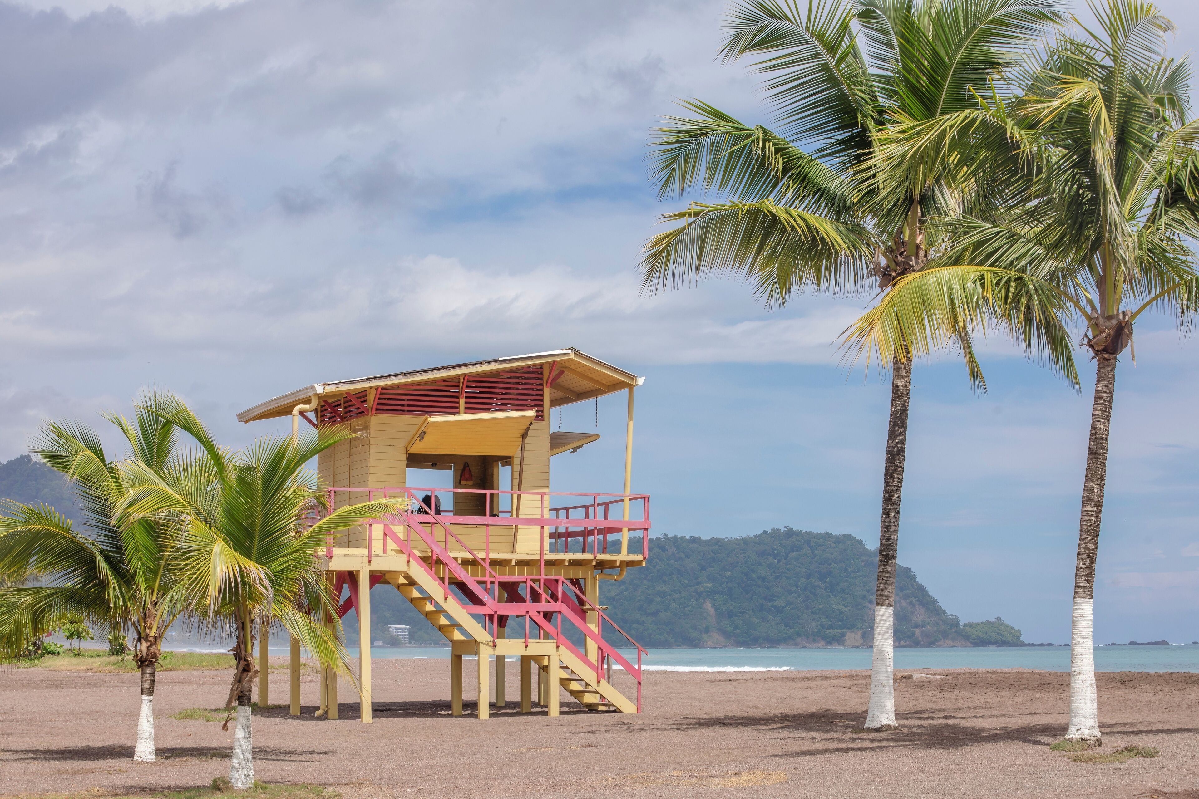 A lifeguard tower on a beach with palm trees and a clear sky.