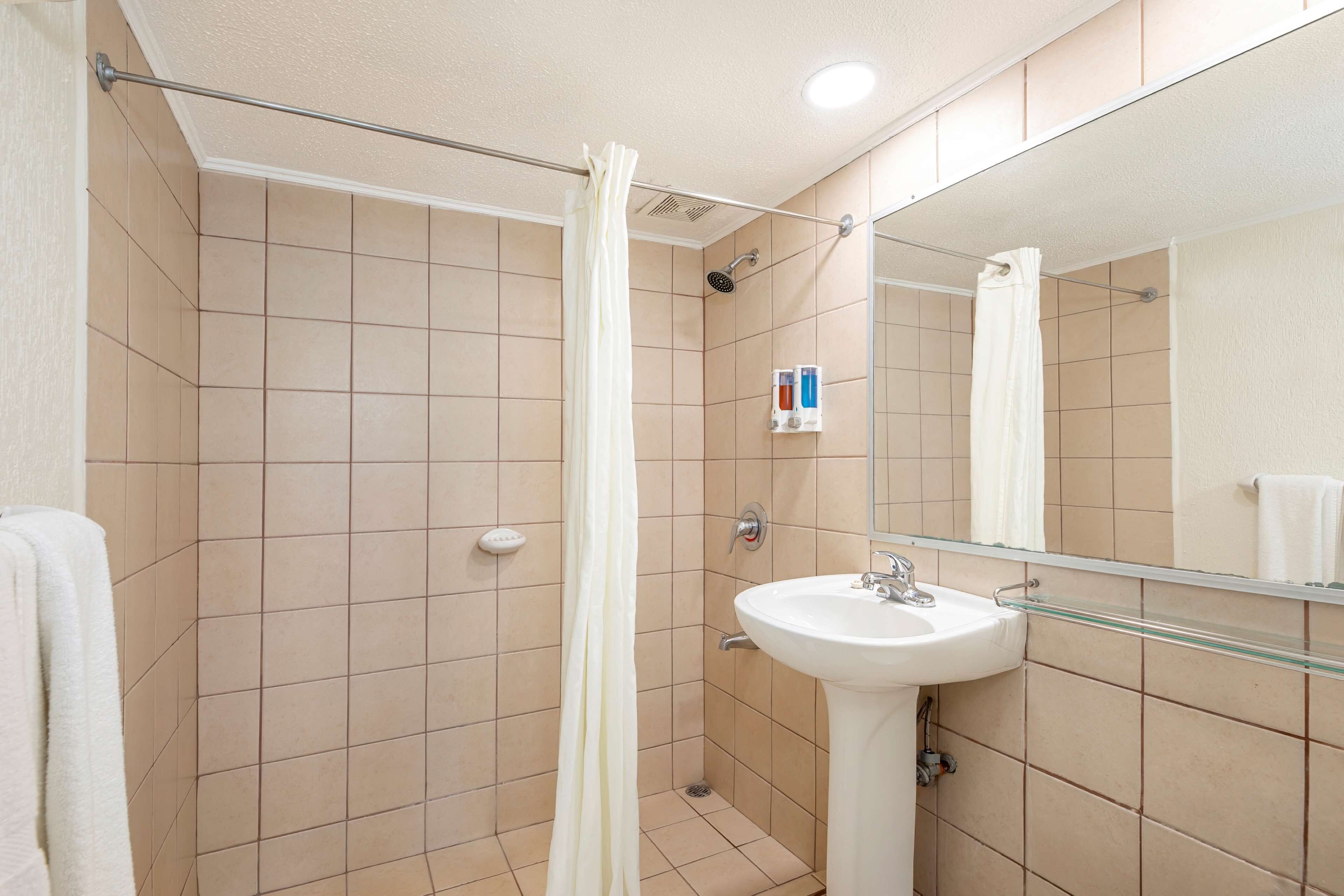 Un baño con ducha, lavamanos y espejo.