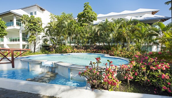 Outdoor pool, pool umbrellas, pool loungers