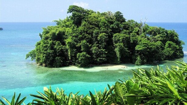 A lush, green island surrounded by clear turquoise waters.