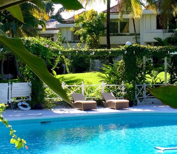 Piscine extérieure, chaises longues