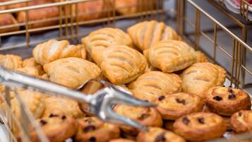 A display of pastries in a bakery.