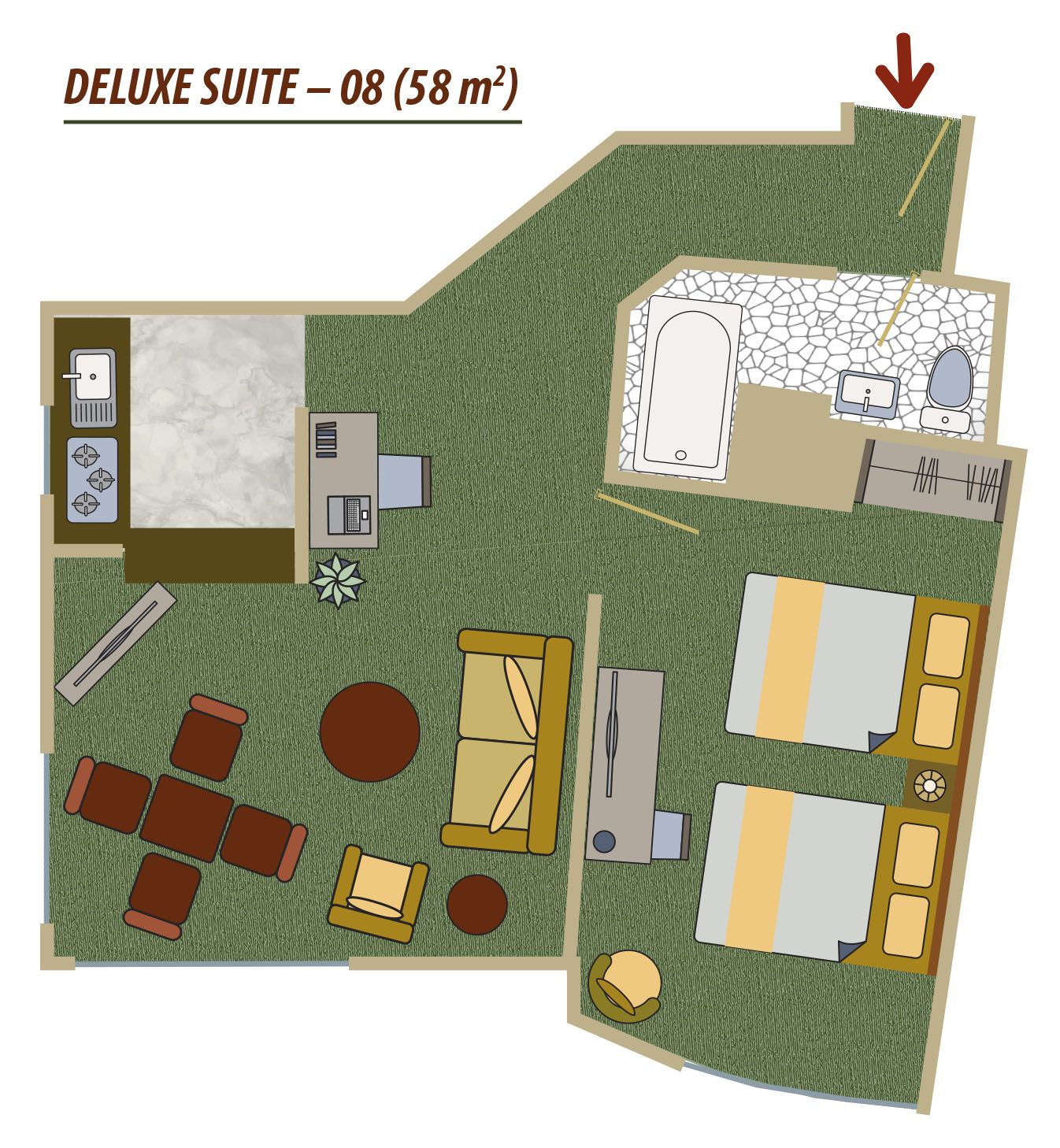 A layout of a deluxe suite with a bathroom, a small kitchen, a dining area, and a living room.