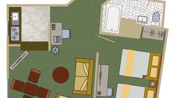 A layout of a deluxe suite with a bathroom, a small kitchen, a dining area, and a living room.