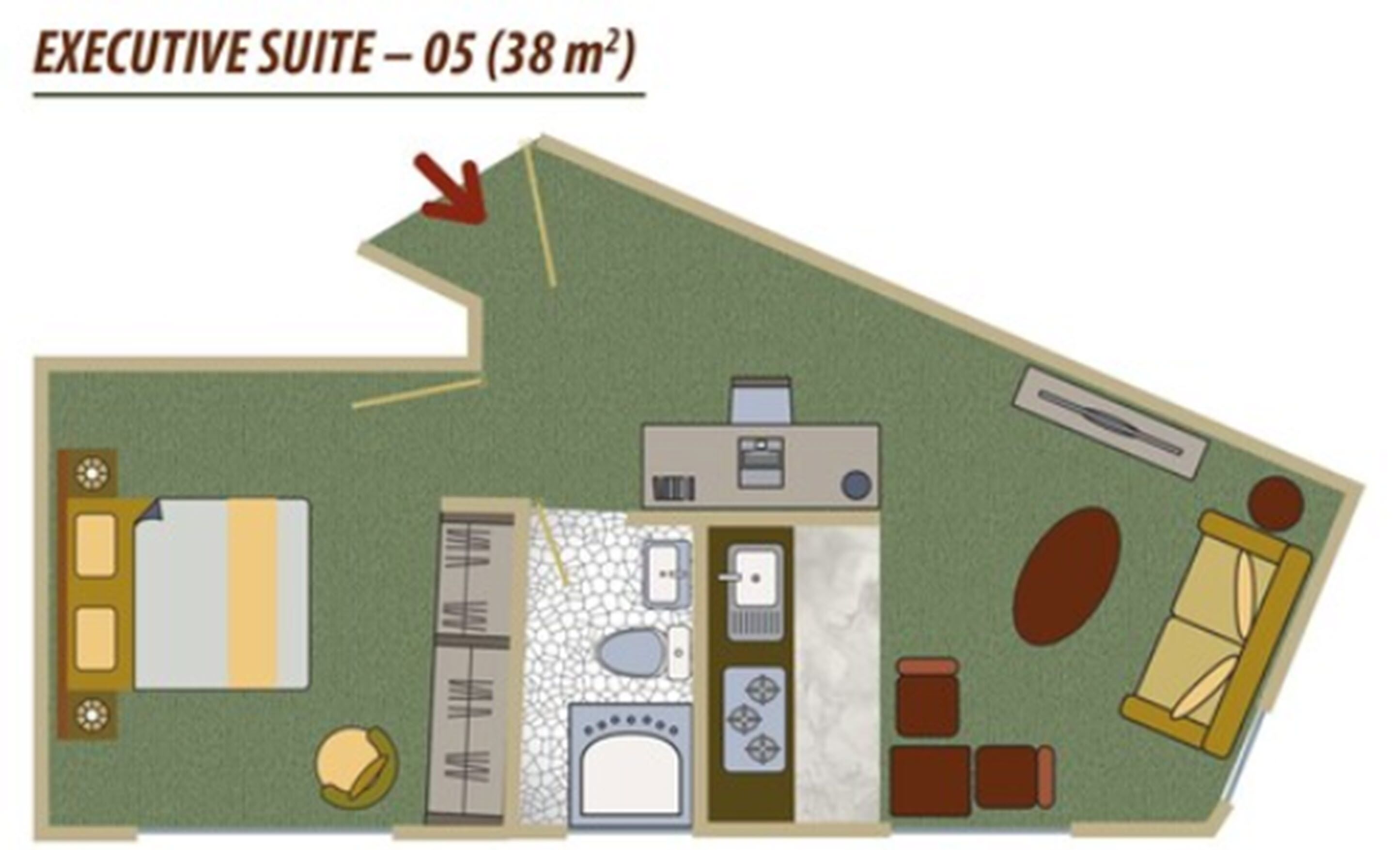 An executive suite layout with a large bed, a desk, a bathroom, and a seating area.