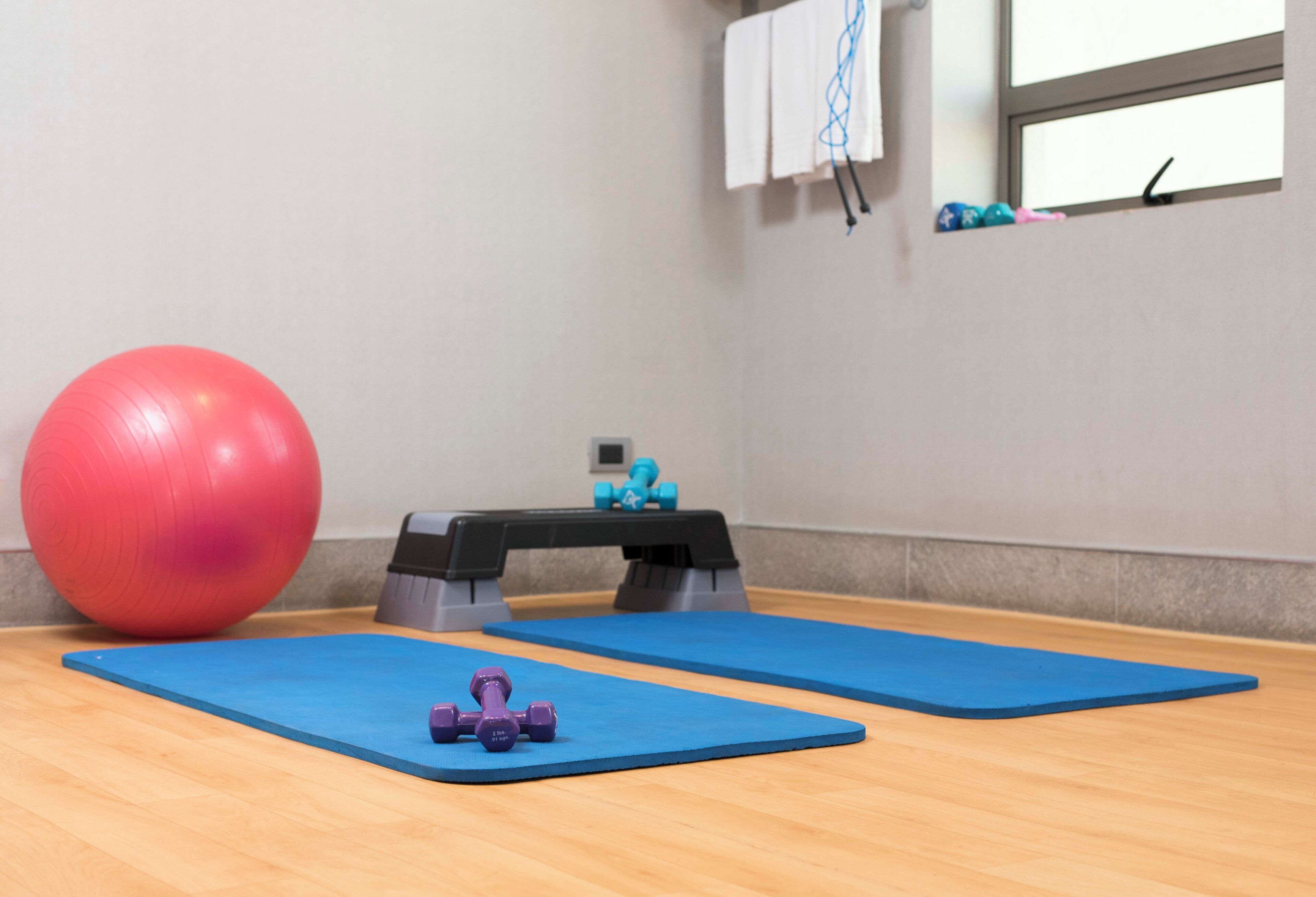 Ein Raum mit blauen Trainingsmatten, einem roten Gymnastikball und violetten Kurzhanteln.