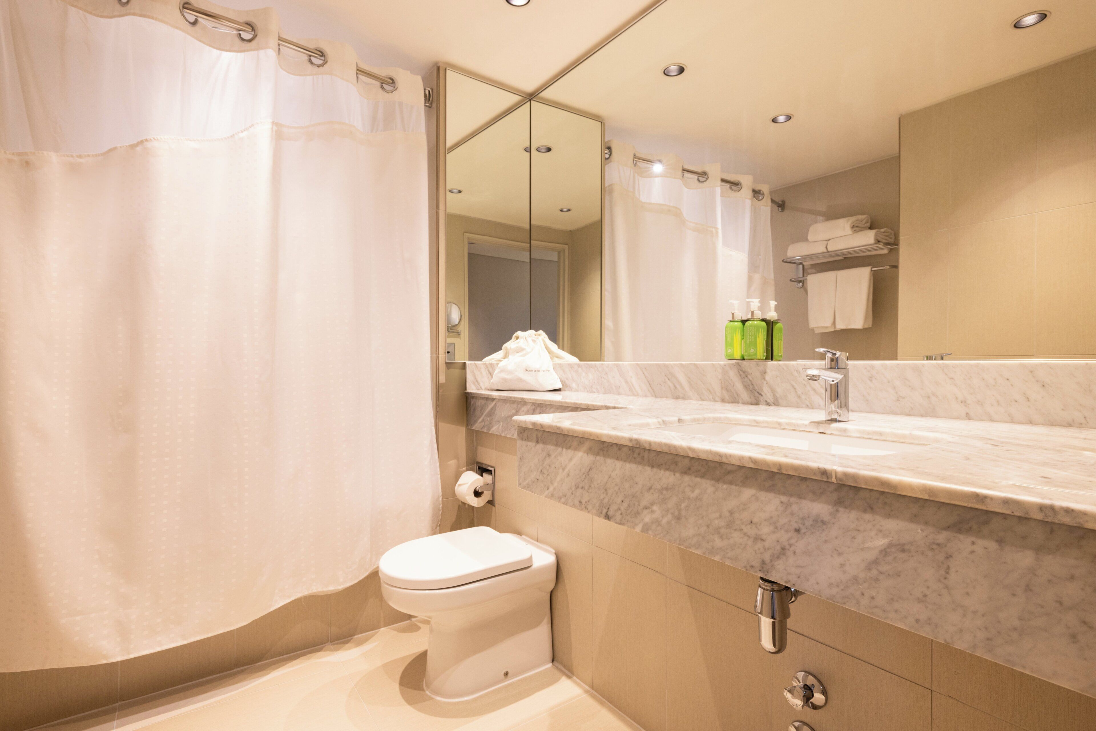 Un baño moderno con inodoro, cortina de ducha, lavamanos con espejo y toallero.