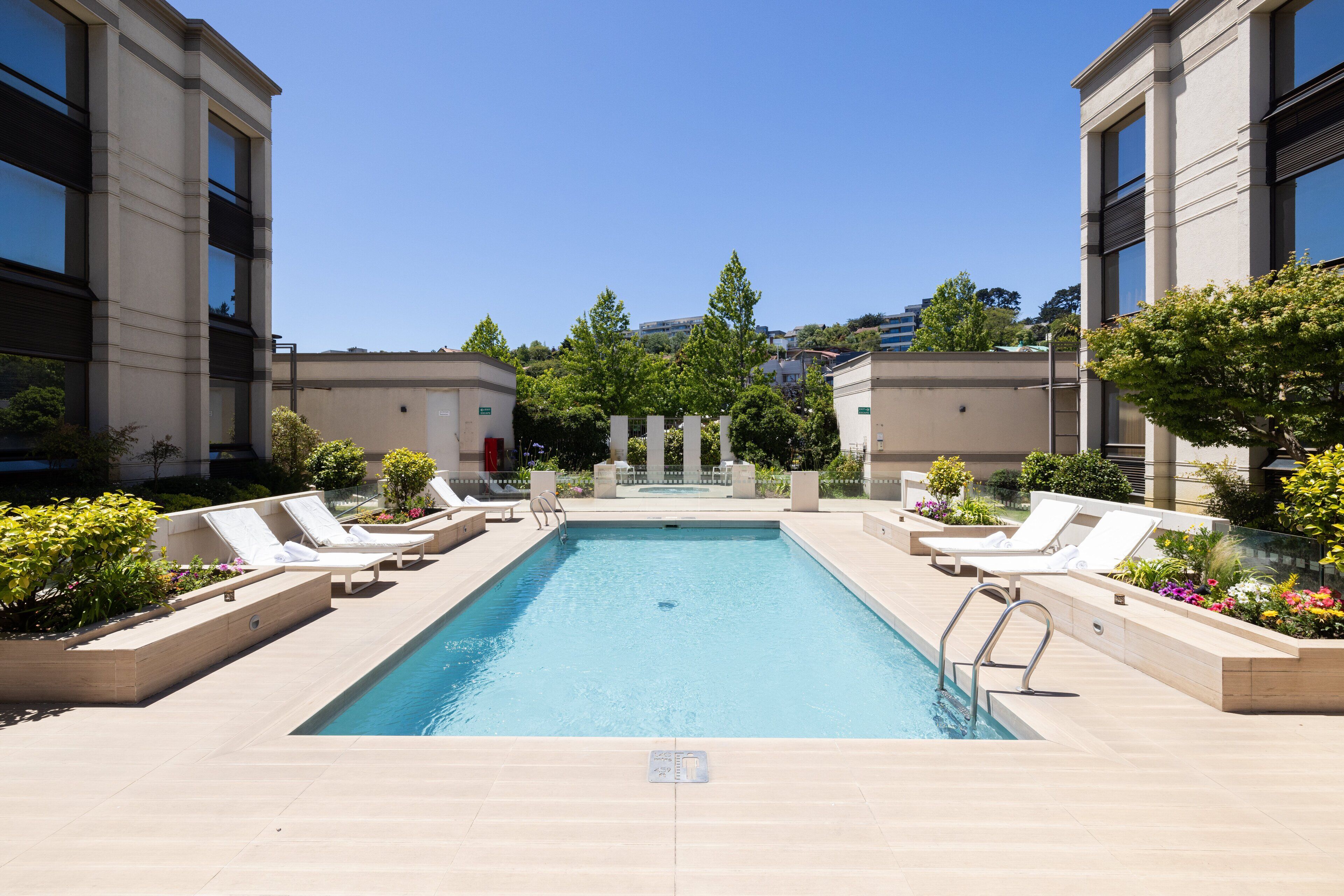 Una piscina rectangular con agua azul cristalina, rodeada de sillas reclinables color beige y macetas con arbustos y flores variadas.