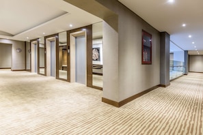 Stylish corridor with a carpeted floor, framed artwork, and a door with a frosted glass panel.