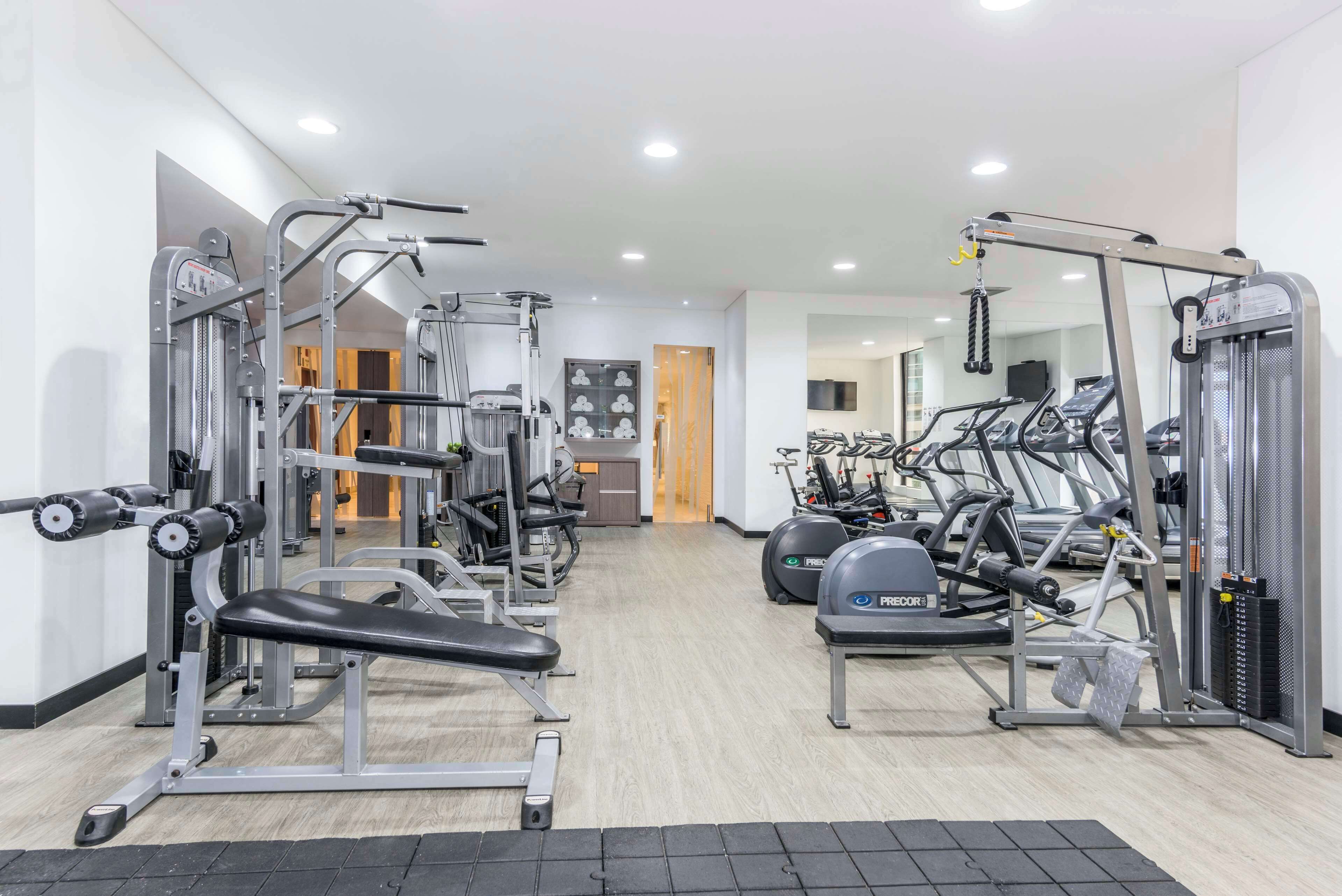 Un gimnasio con diversos equipos de ejercicio, cintas de correr y máquinas de pesas.