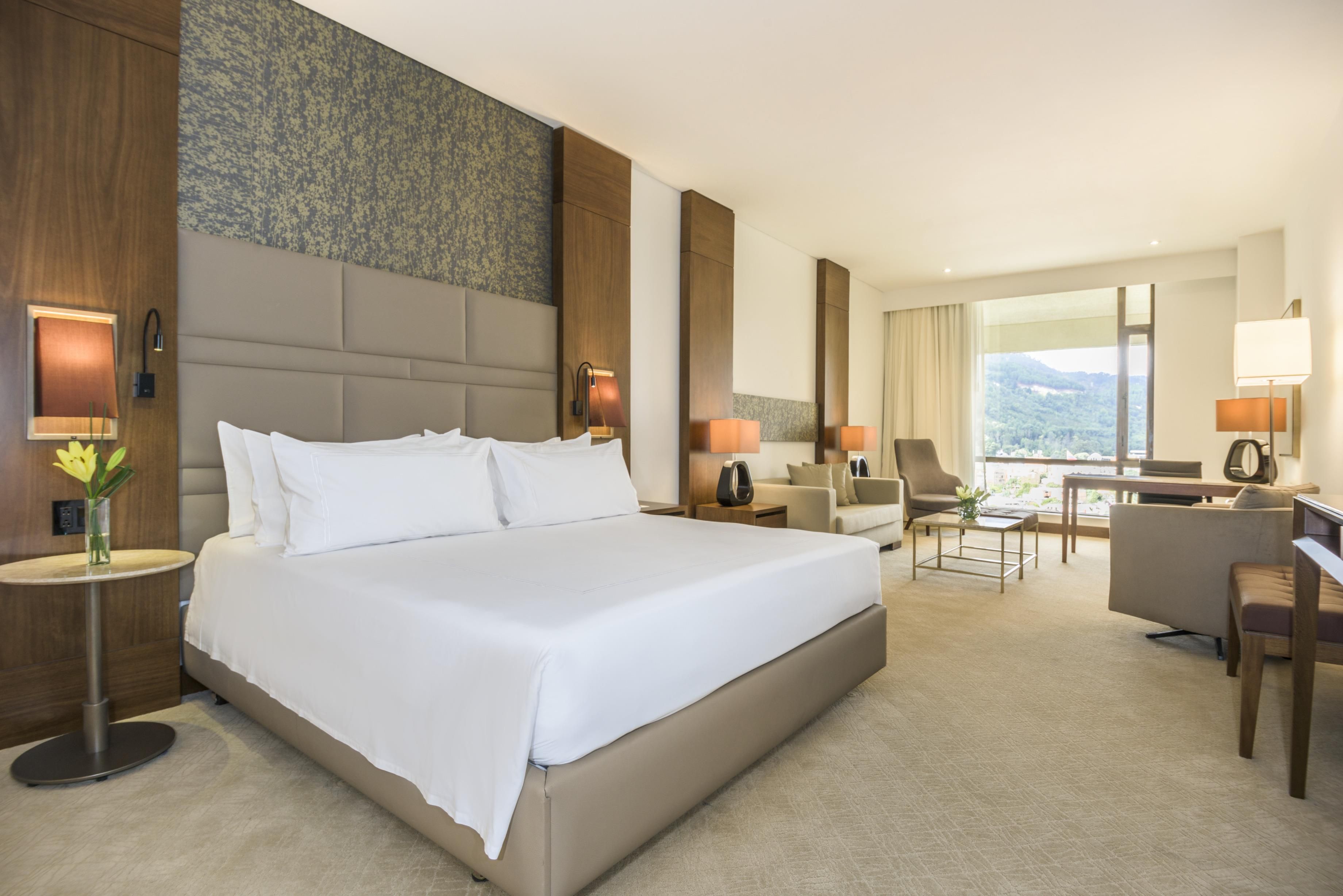 A hotel room with a large bed, a desk, a chair, and a view of the outdoors.