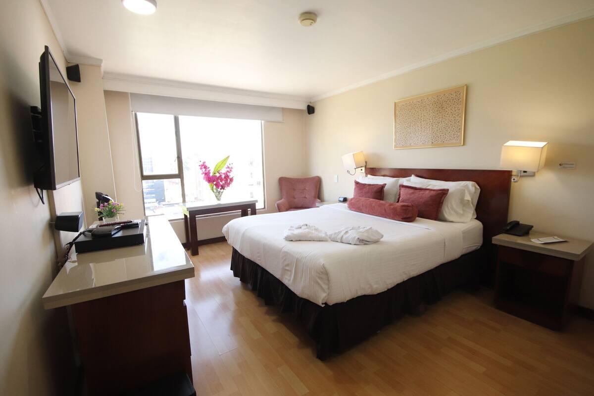 Habitación de hotel con cama, mesitas de noche, escritorio, televisor y ventana con vistas.