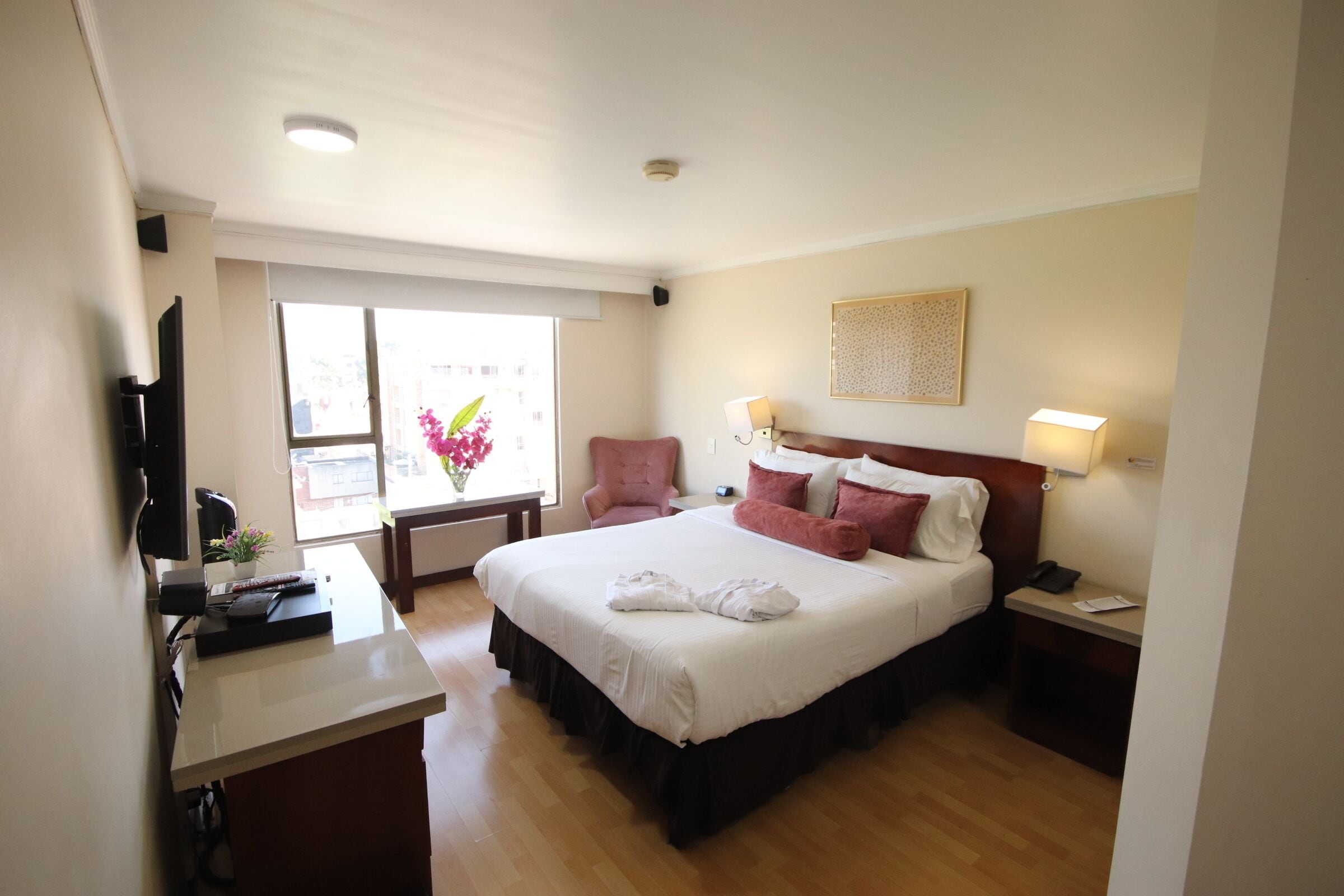 A hotel room with a bed, bedside tables, a desk, a chair, a TV, and a window with a view of buildings and flowers.