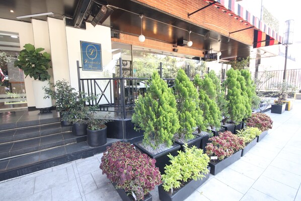 Une devanture de magasin avec une enseigne indiquant « L Innvestment House » et une variété de plantes en pot disposées devant.