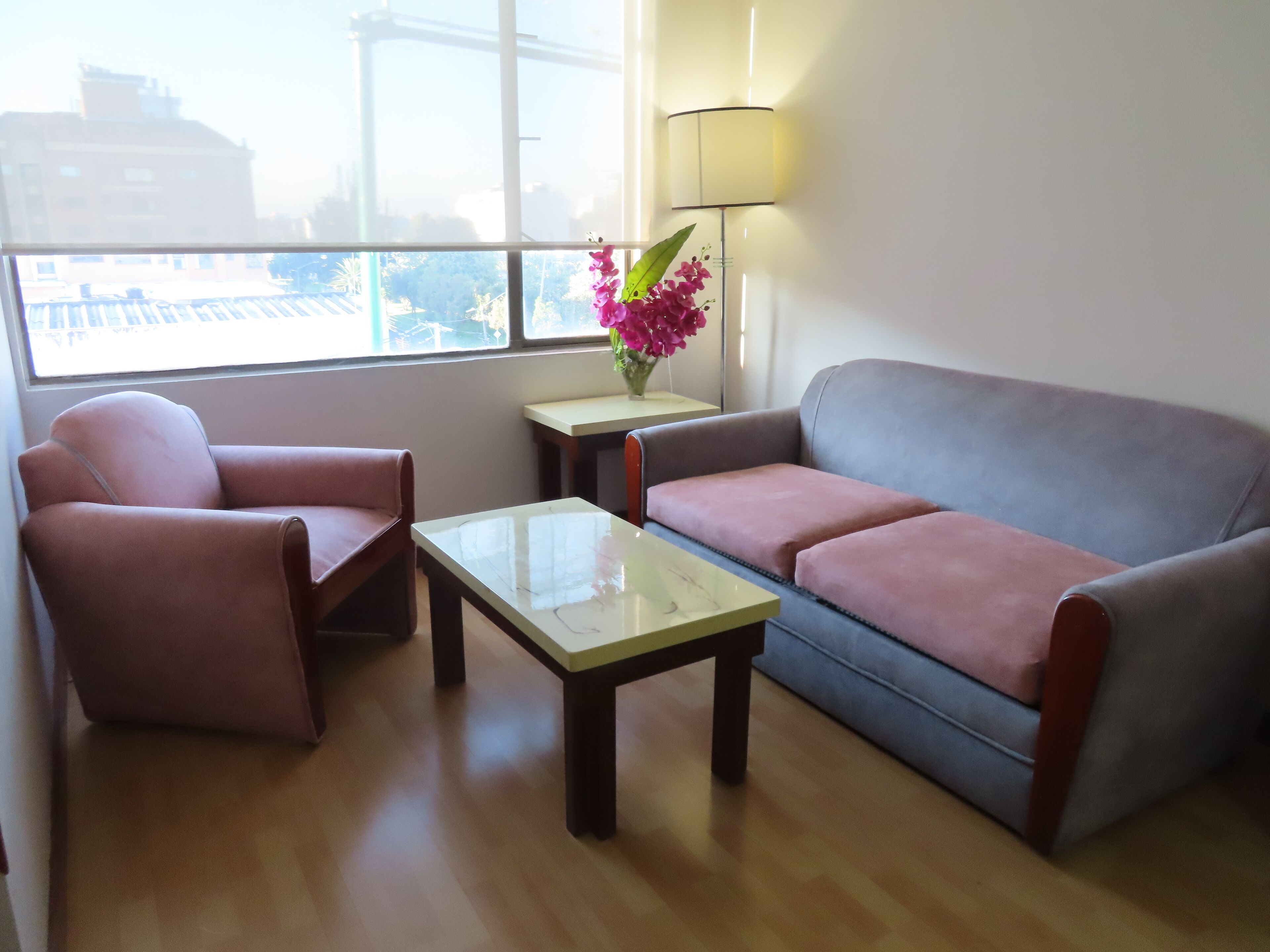 Una sala de estar con sofá, sillón y mesa de centro. Hay una lámpara sobre una mesita auxiliar y un florero con flores.