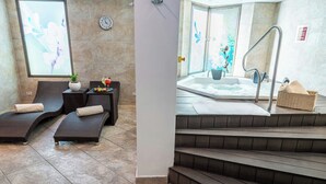Un espace spa comprenant deux chaises longues, une petite table avec une plante et un jacuzzi auquel on accède par quelques marches.