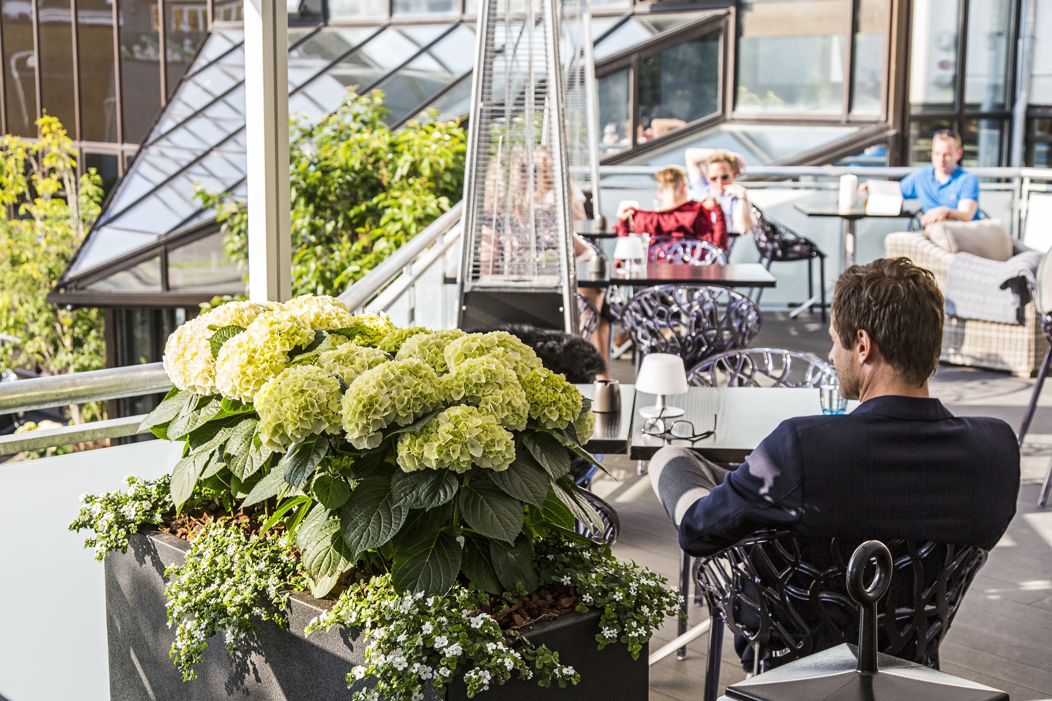 Una terraza en la azotea con mobiliario, una maceta con hortensias y un área acristalada donde personas están cenando.