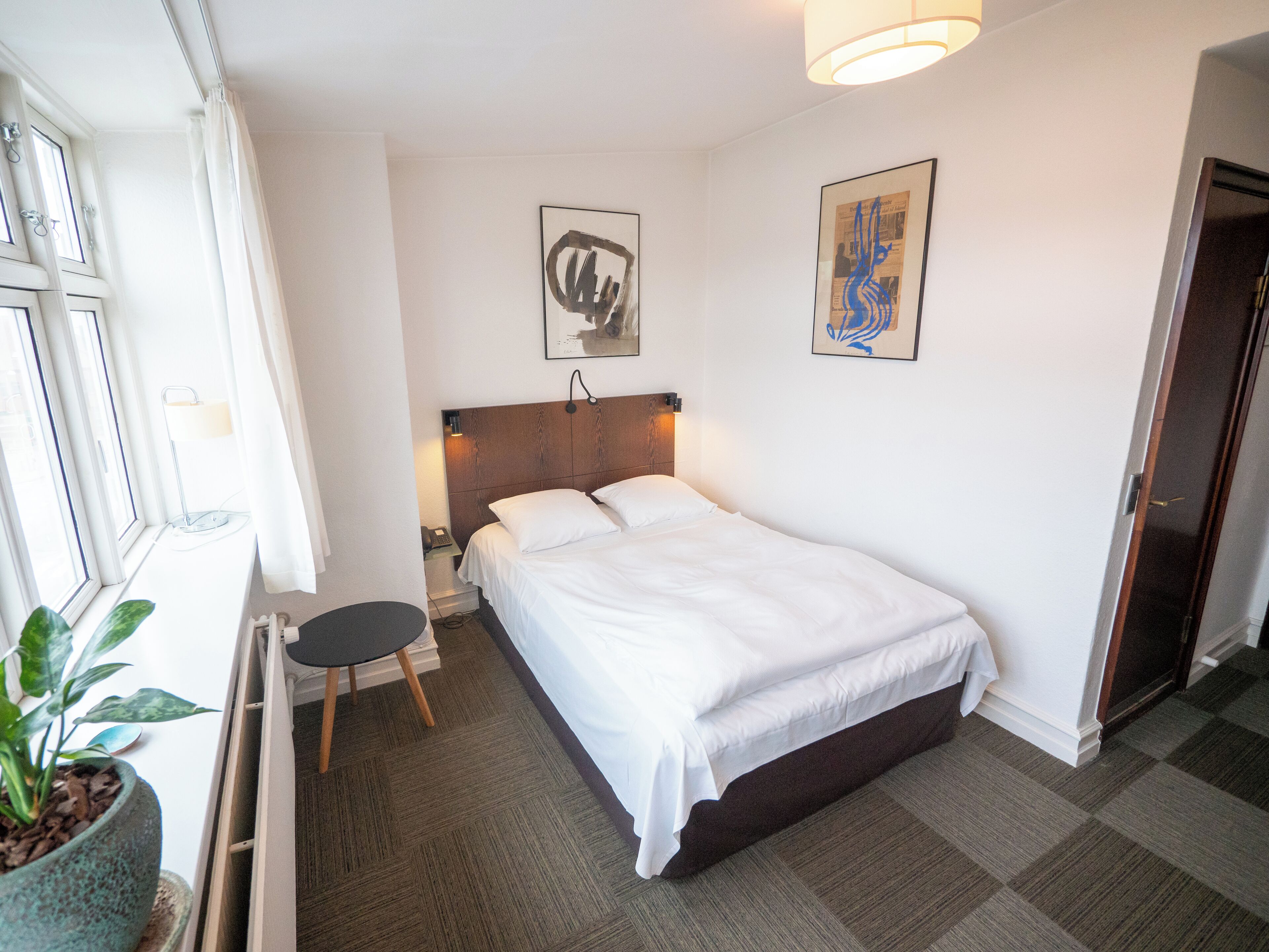 A hotel room with a bed, a desk, a chair, a potted plant, and artwork on the walls.