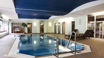 Indoor pool, open 6:00 AM to 9:00 PM, pool loungers