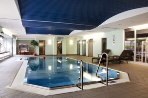 Indoor pool, open 6:00 AM to 9:00 PM, pool loungers