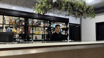 Zona de bar con mostrador, estantes llenos de botellas de licores y una planta colgante con uvas.