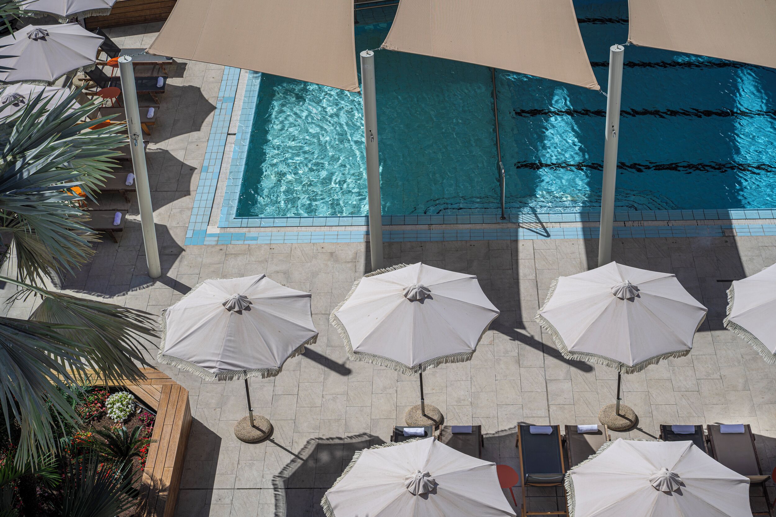 Outdoor pool, pool umbrellas, pool loungers