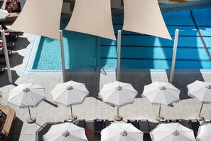 Outdoor pool, pool umbrellas, pool loungers