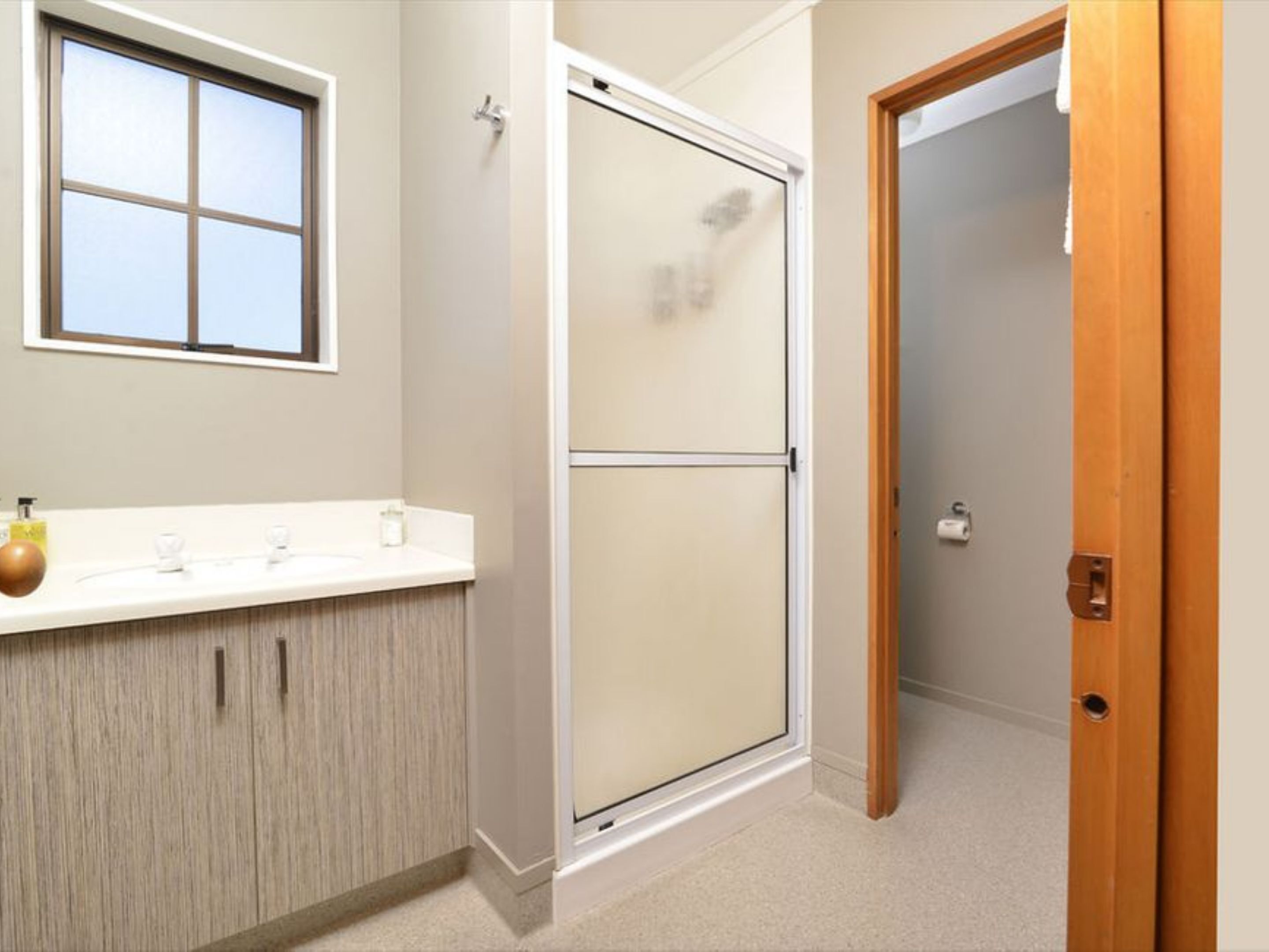 A bathroom with a shower, a sink with a mirror, and a wooden door.