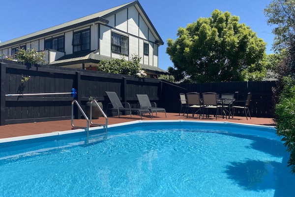 Seasonal outdoor pool, sun loungers