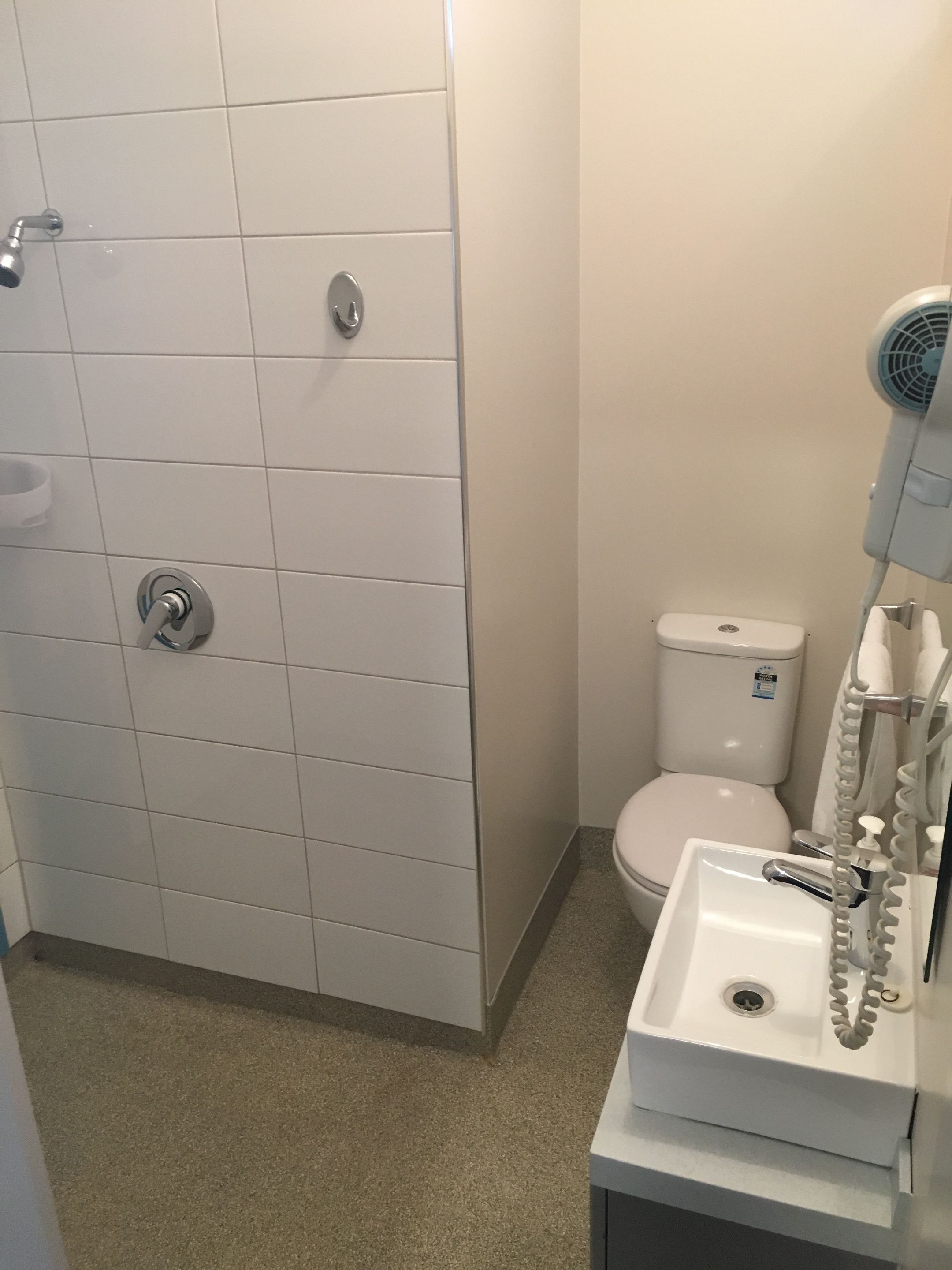 Un bany amb dutxa, vàter i rentapel.
