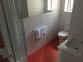 Un baño con mampara de vidrio, azulejos blancos, piso rojo, inodoro blanco y lavamanos.