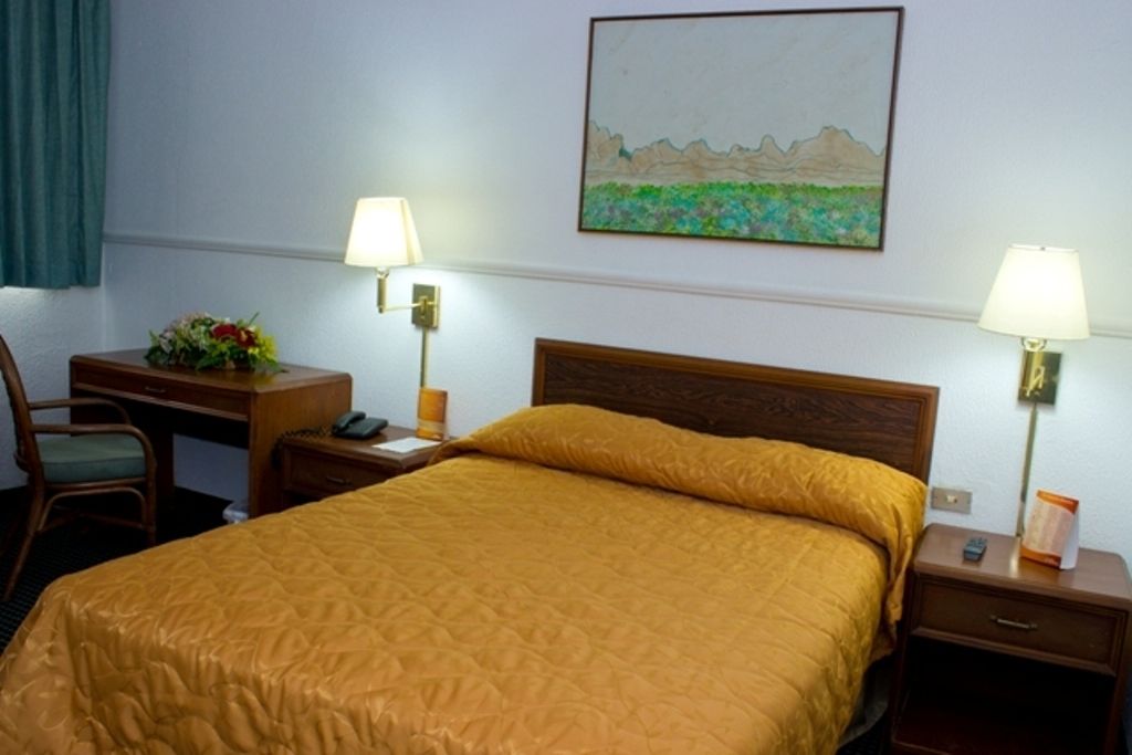 Habitación de hotel con cama, dos mesitas de noche, un escritorio con silla, una lámpara y un cuadro en la pared.