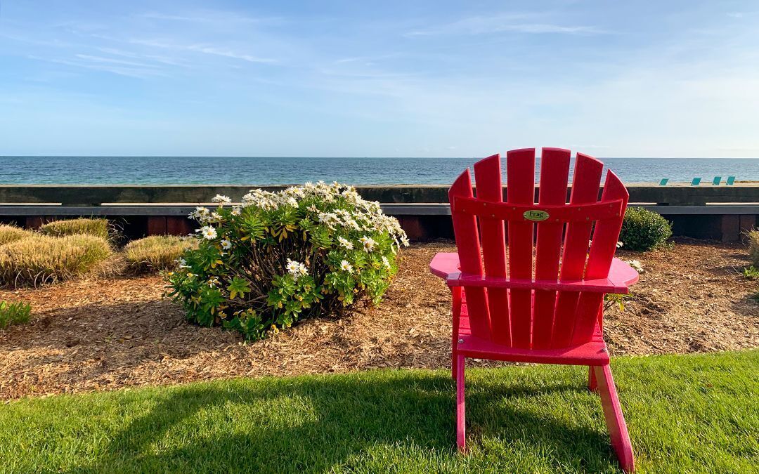 A red Adirondack chair with a "FAMILY" sign, positioned on a grassy area with a view of the ocean and a small bush with white flowers.