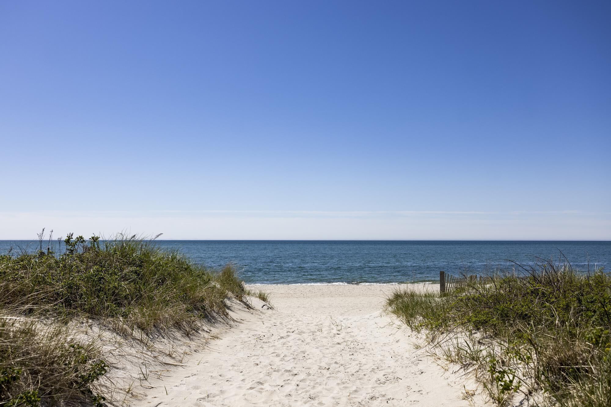 Ein sandiger Küstenpfad führt zum Meer, umgeben von Vegetation.