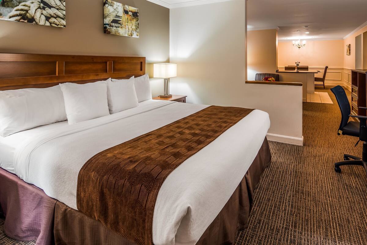 A hotel room with a large bed, a desk, a chair, and a television.