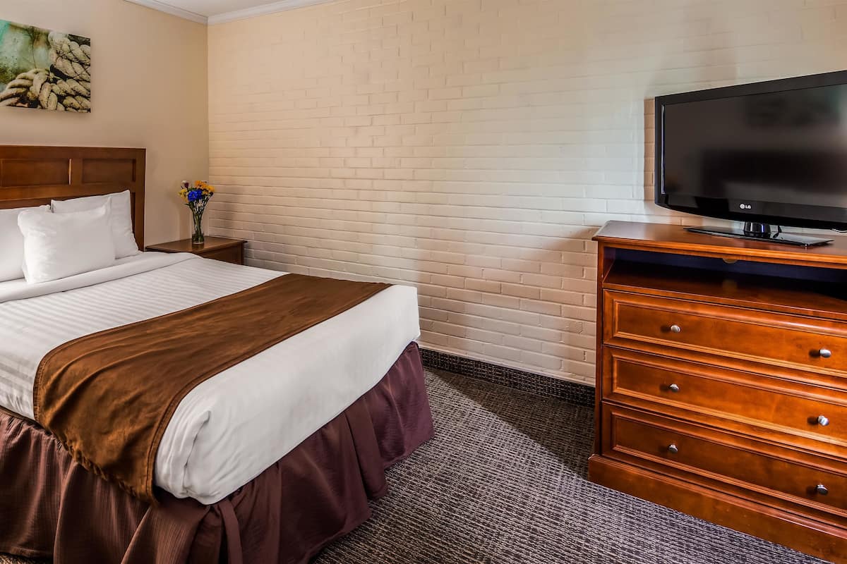 A hotel room with a bed, a TV, a dresser, and a brick wall.