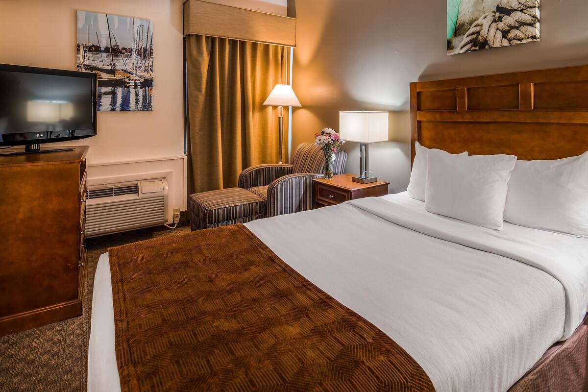 A hotel room with a large bed, a TV, a desk with a lamp, and a chair.