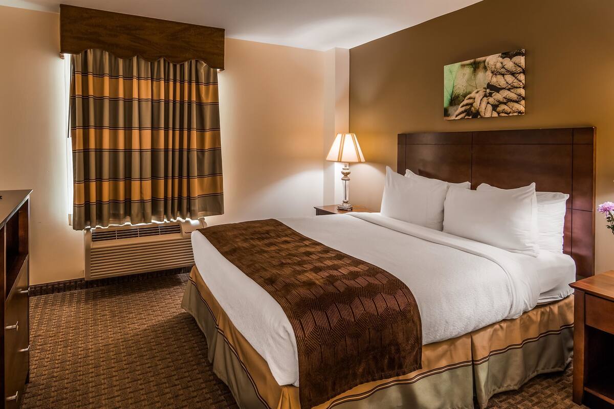 A hotel room with a bed, a TV, a lamp, and a painting on the wall.