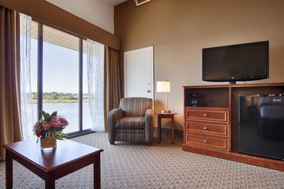 A hotel room with a large window, a television, a chair, a dresser, and a small table with a vase of flowers.