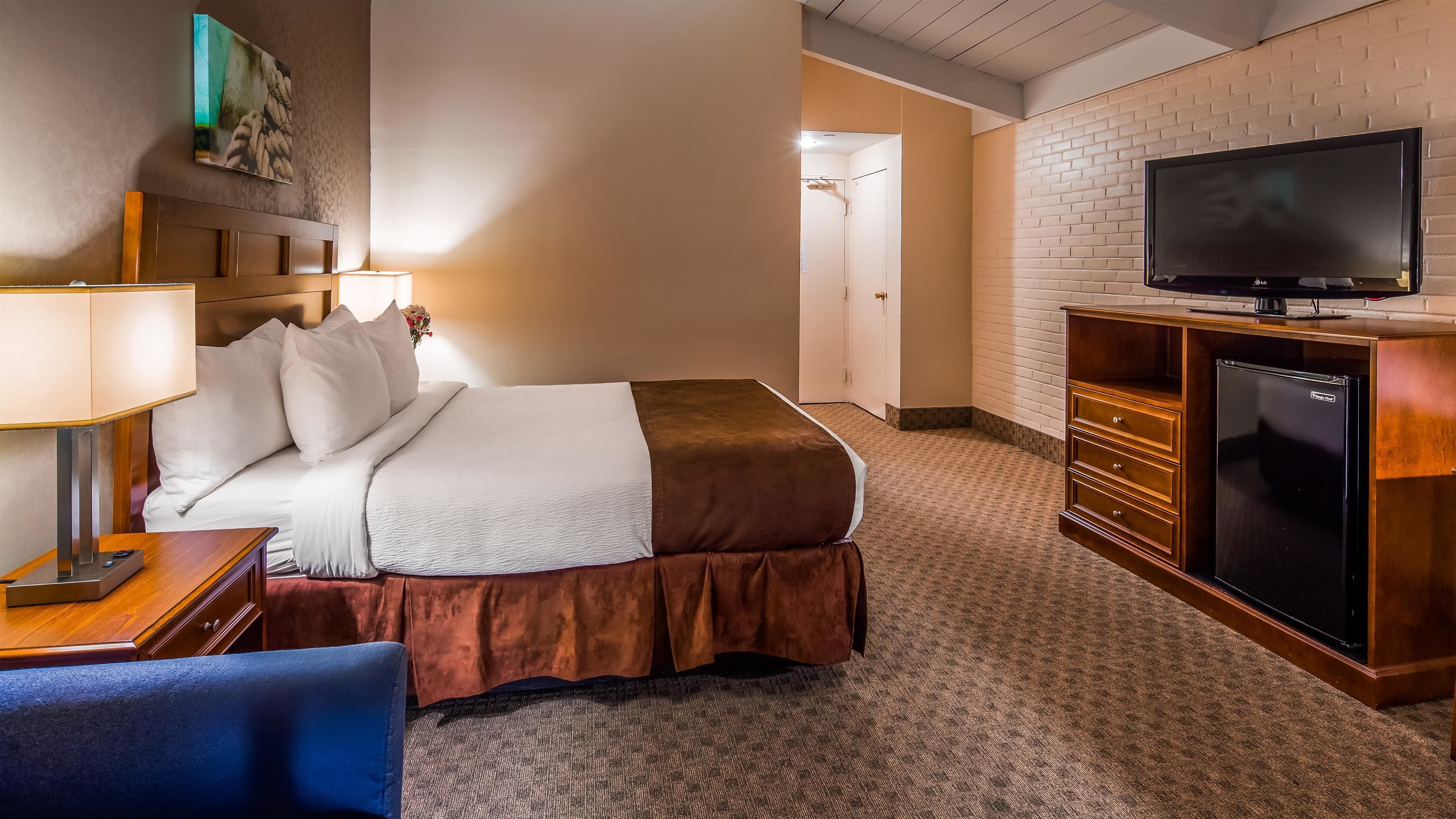 Una habitación de hotel con cama, escritorio, televisor y minibar.