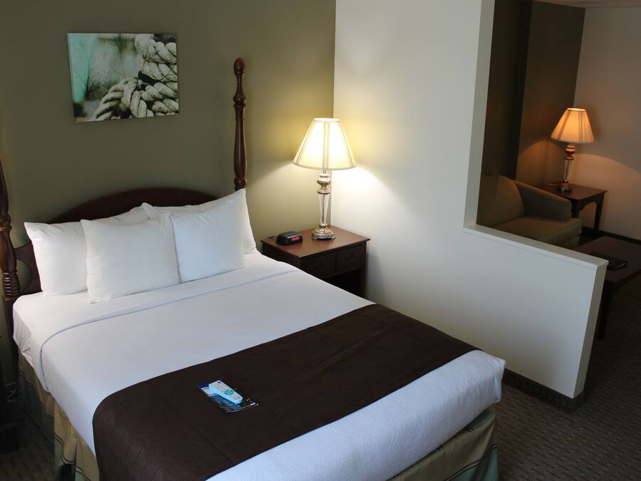 A neatly made bed with white linens and a brown throw, a bedside lamp, a nightstand, and a painting on the wall.