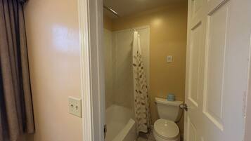 A bathroom with a toilet, shower, and a bathtub.