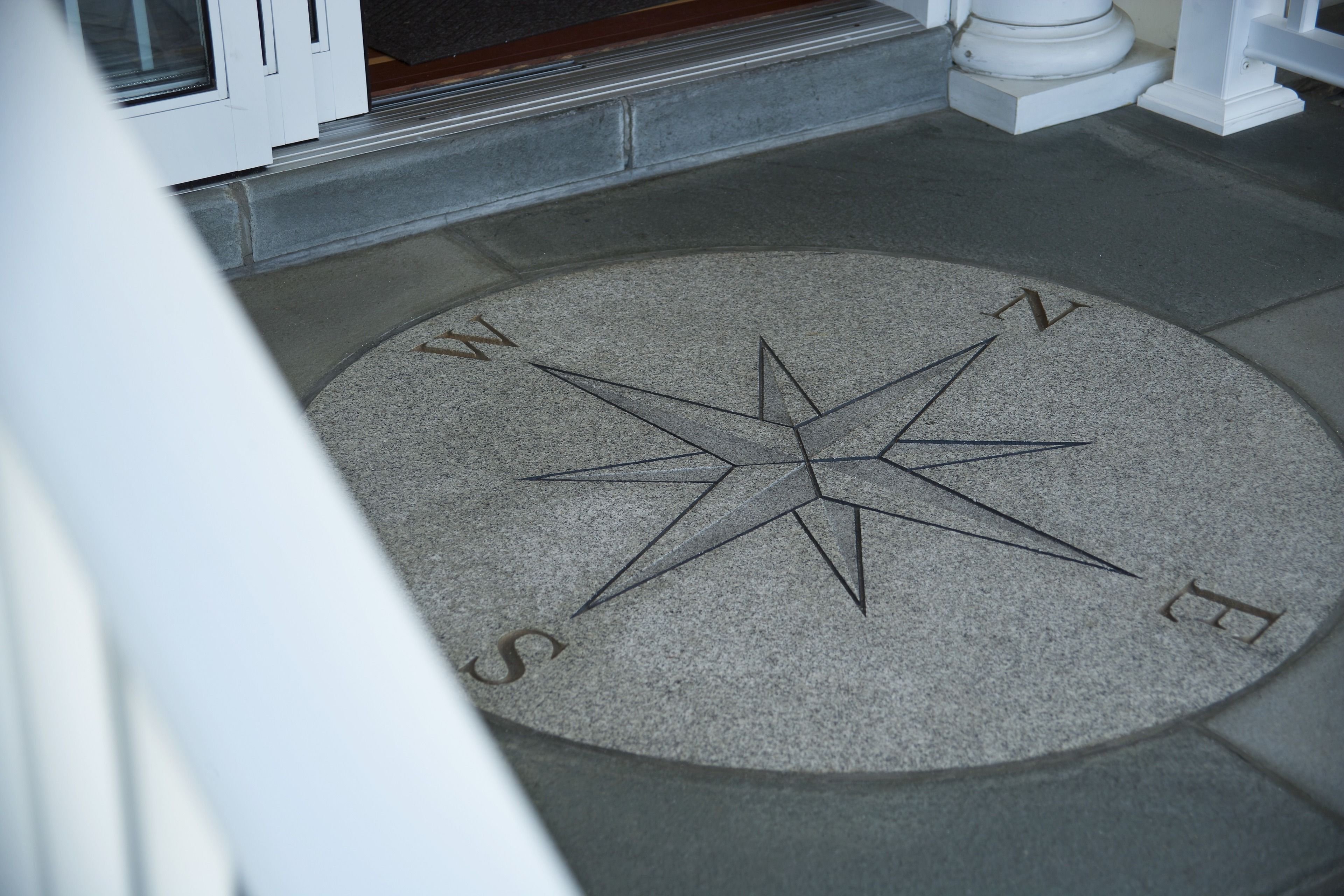 A compass rose on a circular mat.