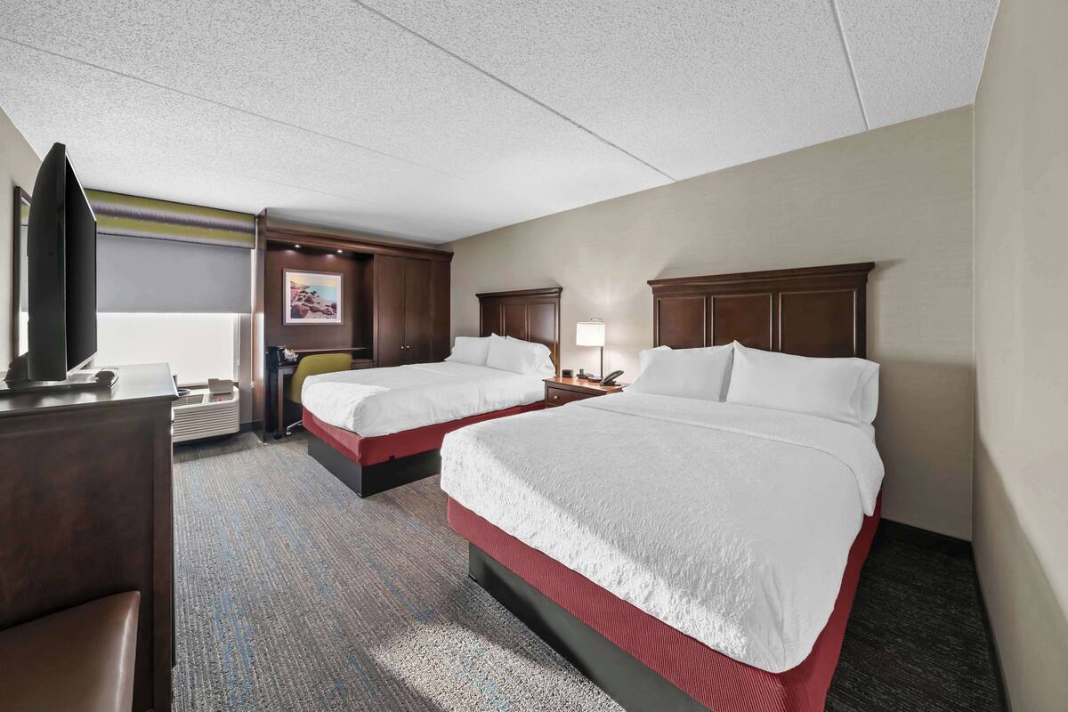 A hotel room with two beds, a desk, a chair, a TV, and a window with a view.