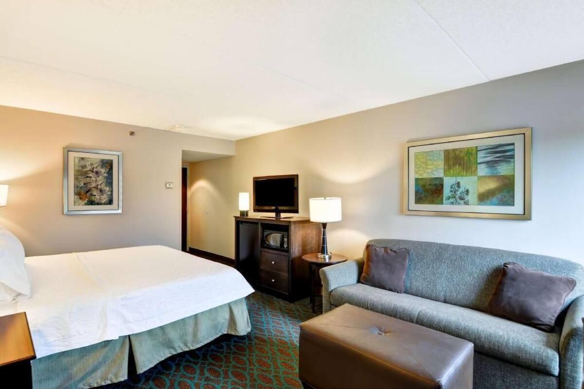 A hotel room with a bed, a sofa, a television, and artwork on the walls.
