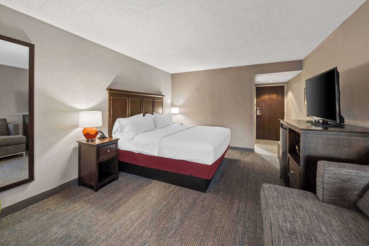 A hotel room with a large bed, a desk with a TV, a lamp, and a mirror.