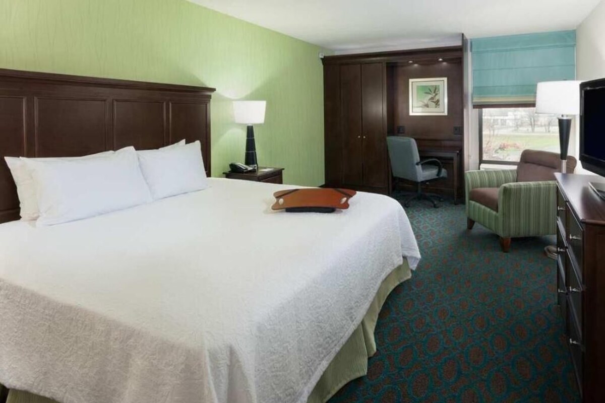 A hotel room with a large bed, a desk, a chair, a television, and a window with a view.